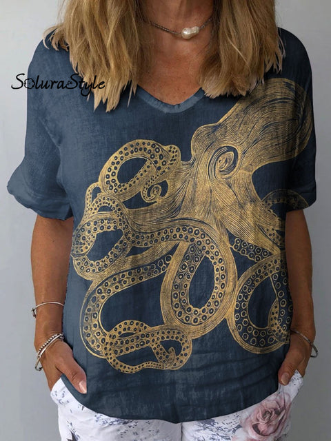 Women’s Octopus Art Print Casual Cotton And Linen Shirt Multicolor / S