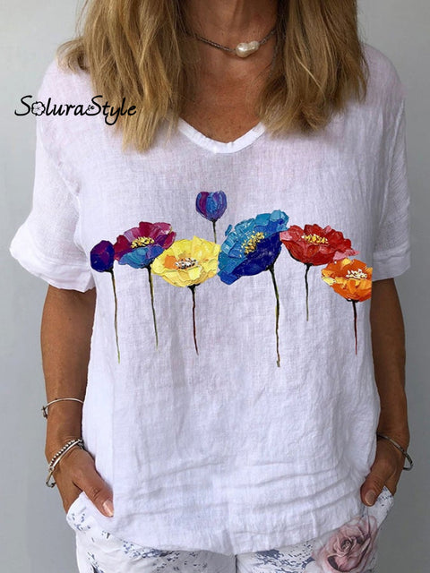 Women’s Oil Painting Floral Print Cotton Linen Casual Shirt White / S