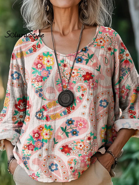 Women’s Paisley Art Print Casual Cotton And Linen Shirt Multicolor / S