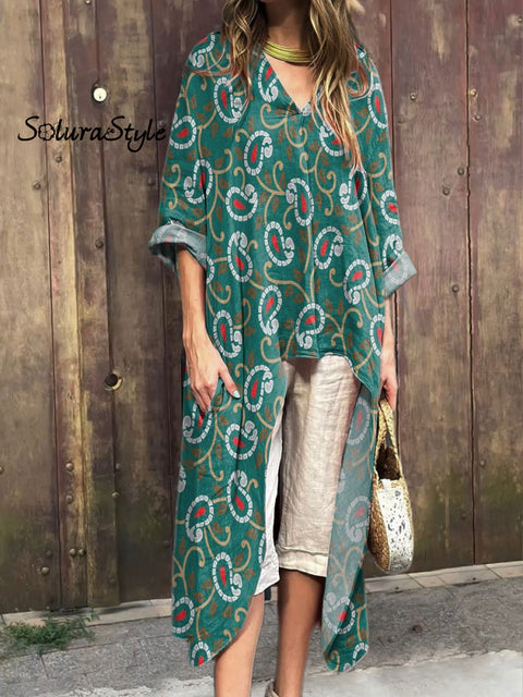 Women’s Paisley Art Print V-Neck Cotton Short Sleeve Dress Multicolor / S