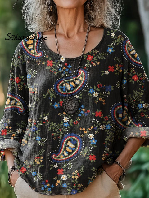 Women’s Paisley Pattern Art Print Casual Cotton And Linen Shirt Multicolor / S