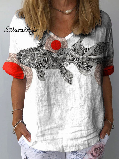Women’s Patterned Koi Art Print Casual Cotton And Linen Shirt