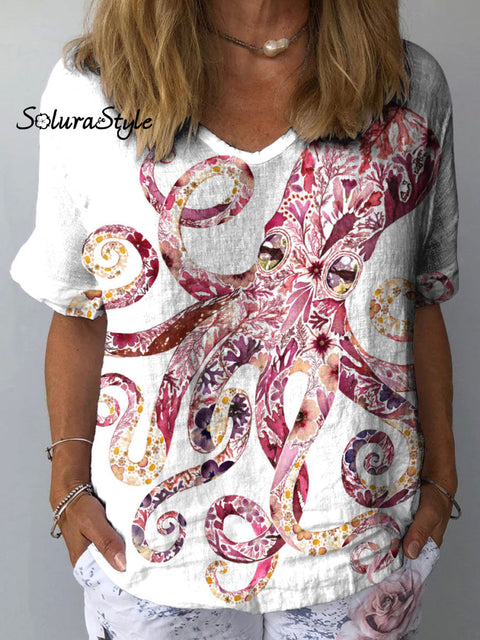 Women’s Patterned Octopus Art Print Casual Cotton And Linen Shirt