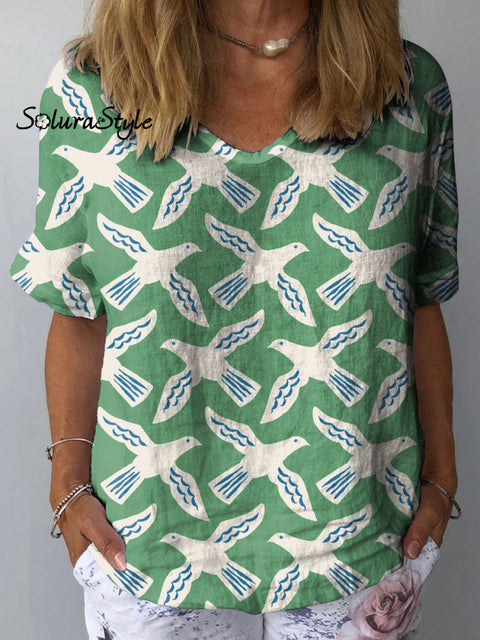 Women’s Peace Dove Art Print Casual Cotton And Linen Shirt Multicolor / S
