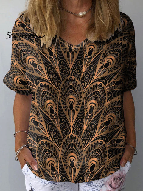 Women’s Peacock Feather Pattern Art Print Casual Cotton And Linen Shirt Multicolor / S