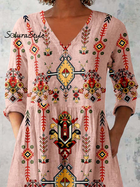 Women’s Pellis Geometric Pattern Cotton and Linen V-neck Top