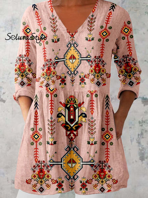 Women’s Pellis Geometric Pattern Cotton and Linen V-neck Top