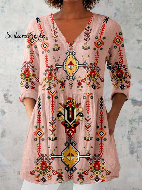 Women’s Pellis Geometric Pattern Cotton and Linen V-neck Top Pink / S