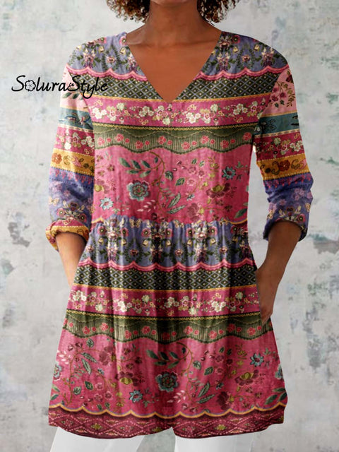 Women’s Pellis Pattern Cotton and Linen V-neck Top Mulitcolor / S