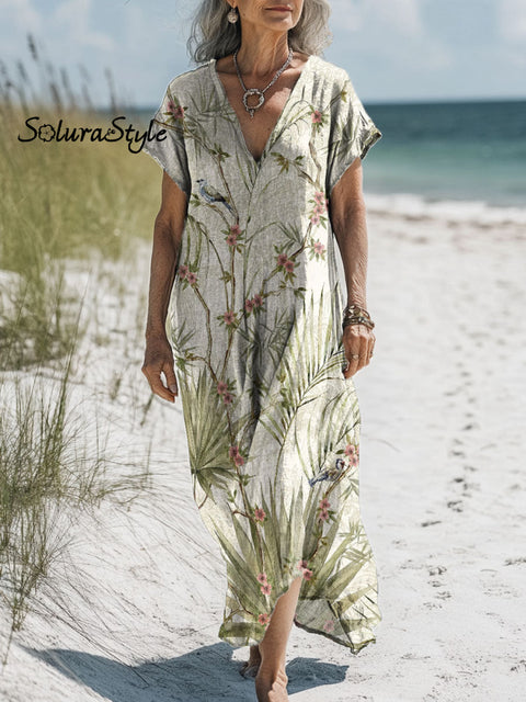 Women’s Plant And Flower Art Print Pocket Cotton Dress Multicolor / S