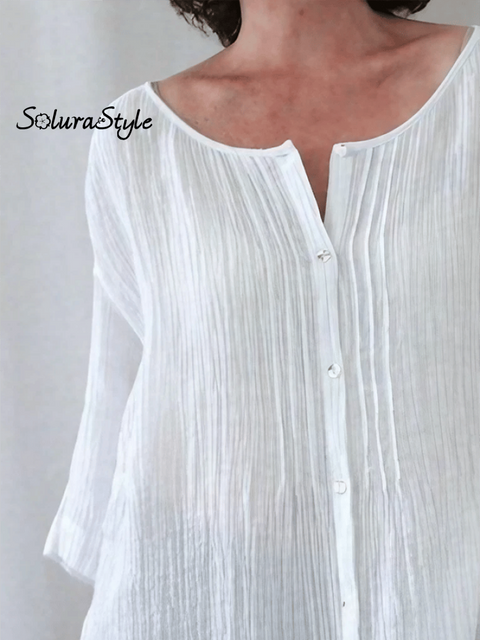 Women’s Pleated Casual Long Sleeve Crew Neck Shirt