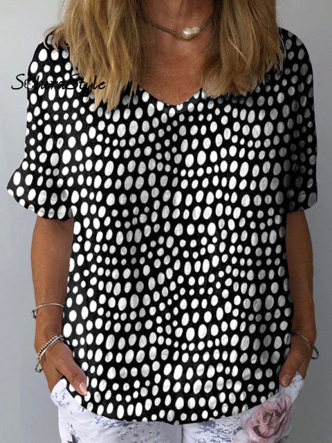 Women’s Polka Dot Art Print Casual Cotton And Linen Shirt Multicolor / S