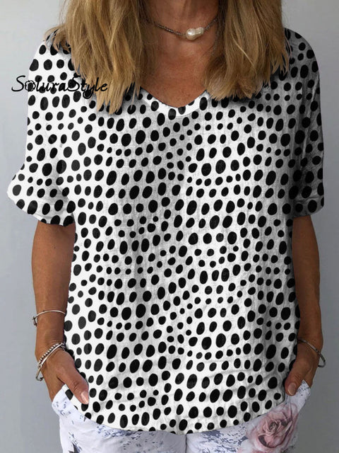 Women’s Polka Dot Art Print Casual Cotton And Linen Shirt Multicolor / S