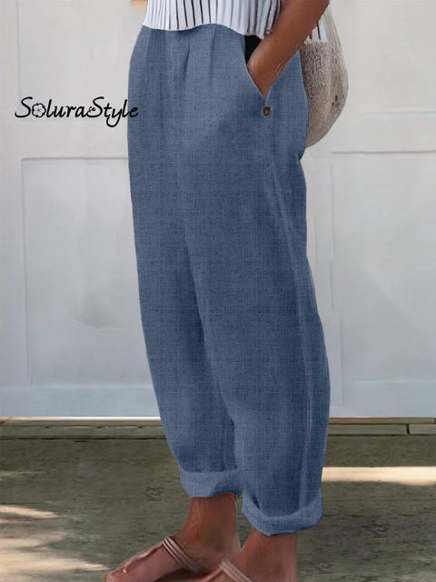 Women’s Printed Cotton And Linen Casual Pants Navy Blue / S