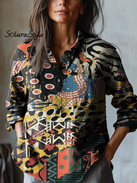 Women’s Retro Abstract Geometric Art Print Casual Cotton And Linen Shirt Multicolor / S