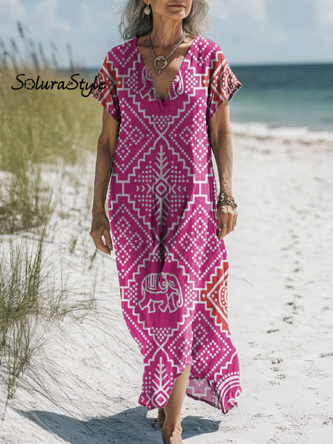 Women’s Retro Abstract Pattern Art Print Pocket Cotton Dress Multicolor / S