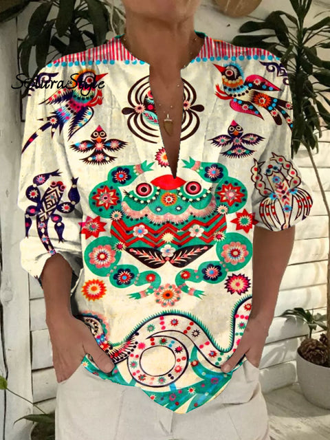Women’s Retro Animal Pattern Art Print Casual Short Sleeve Comfortable Cotton Shirt Multicolor / S