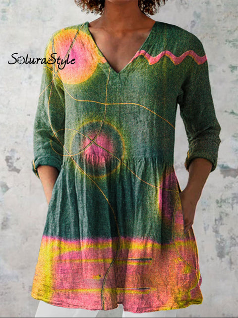 Women’s Retro Color Art Print Casual Linen V-neck Shirt Multicolor / S