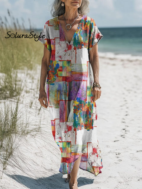 Women’s Retro Color Block Art Print Pocket Cotton Dress Multicolor / S