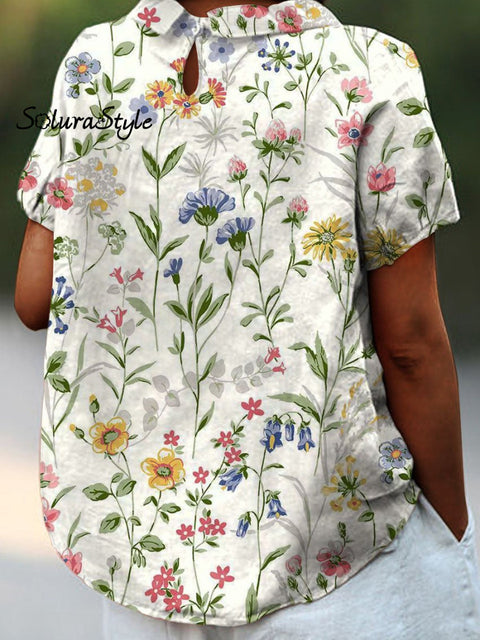 Women’s Retro Floral Art Print Casual Cotton And Linen Shirt
