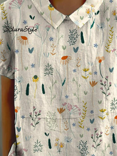 Women’s Retro Floral Art Print Casual Cotton And Linen Shirt