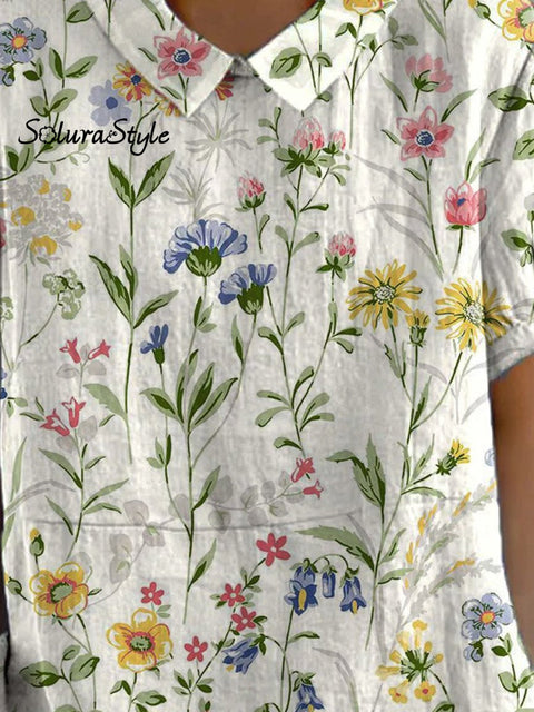 Women’s Retro Floral Art Print Casual Cotton And Linen Shirt