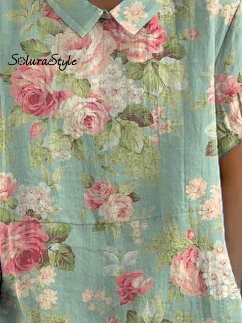 Women’s Retro Floral Art Print Casual Cotton And Linen Shirt