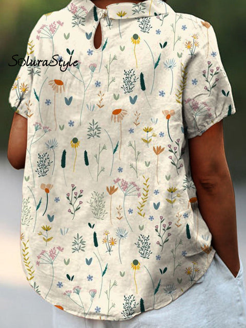 Women’s Retro Floral Art Print Casual Cotton And Linen Shirt