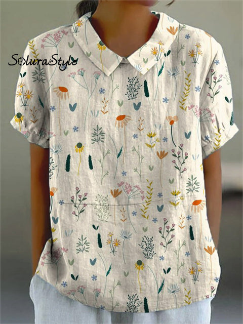 Women’s Retro Floral Art Print Casual Cotton And Linen Shirt Multicolor / S