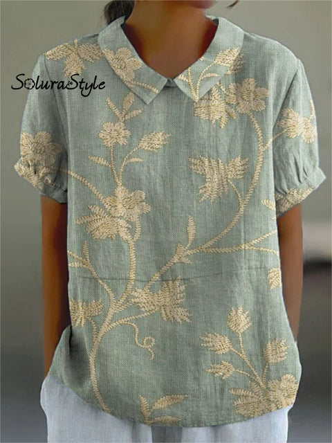 Women’s Retro Floral Art Print Casual Cotton And Linen Shirt Multicolor / S