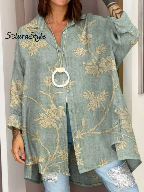 Women’s Retro Floral Art Print Casual Cotton And Linen Shirt Multicolor / S