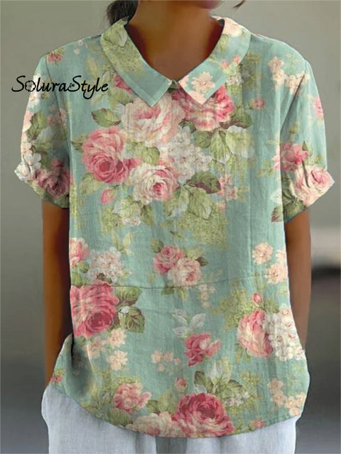 Women’s Retro Floral Art Print Casual Cotton And Linen Shirt Multicolor / S