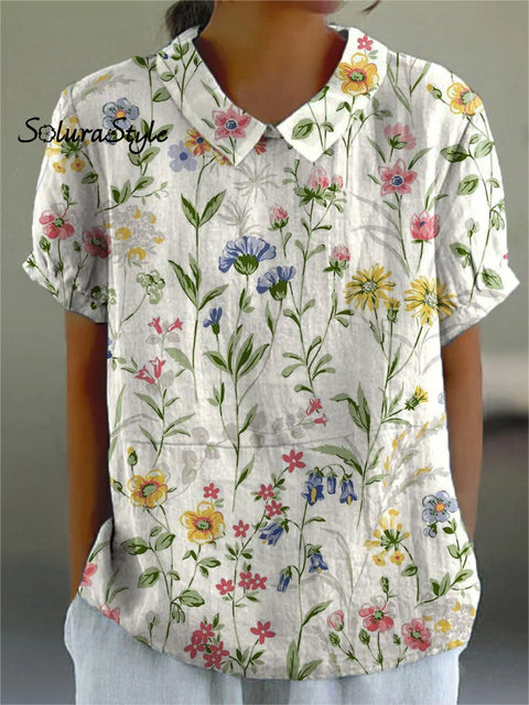 Women’s Retro Floral Art Print Casual Cotton And Linen Shirt Multicolor / S