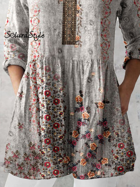 Women’s Retro Floral Art Print Casual Cotton And Linen V-neck Top