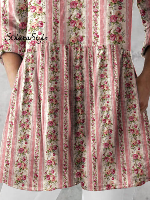 Women’s Retro Floral Art Print Casual Cotton And Linen V-neck Top