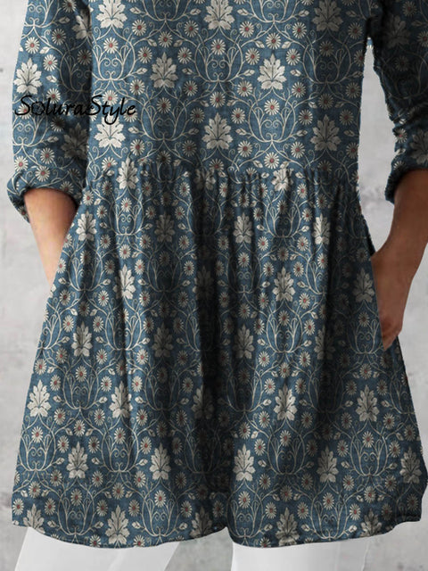 Women’s Retro Floral Art Print Casual Cotton And Linen V-neck Top