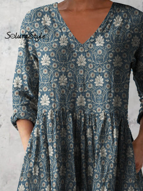 Women’s Retro Floral Art Print Casual Cotton And Linen V-neck Top