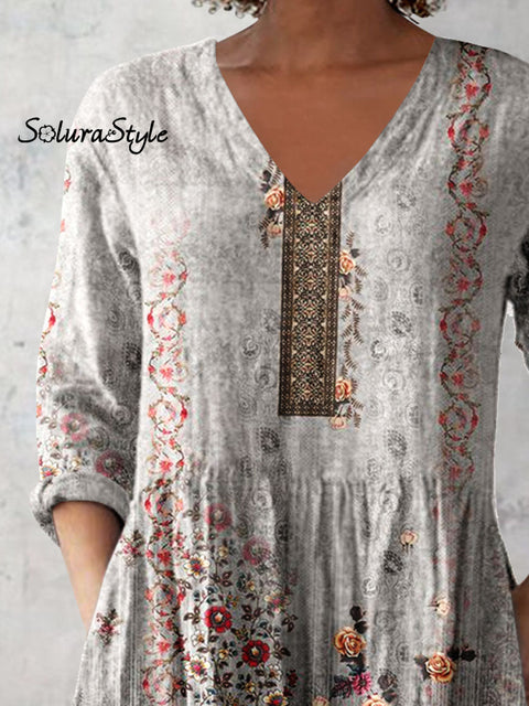 Women’s Retro Floral Art Print Casual Cotton And Linen V-neck Top