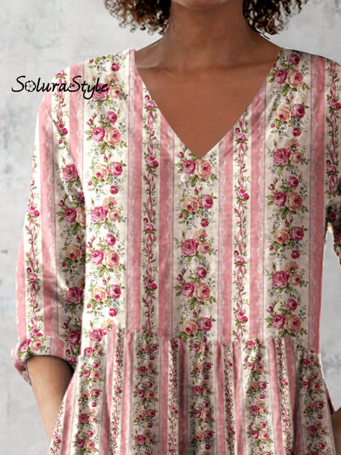 Women’s Retro Floral Art Print Casual Cotton And Linen V-neck Top