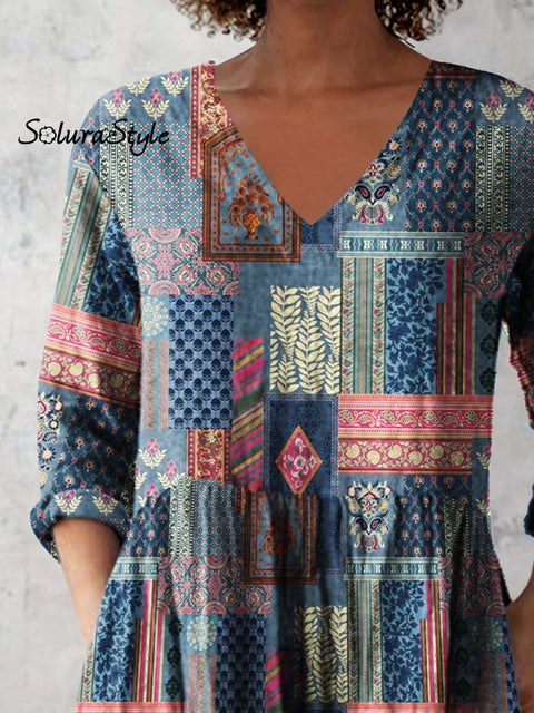 Women’s Retro Floral Art Print Casual Cotton And Linen V-neck Top