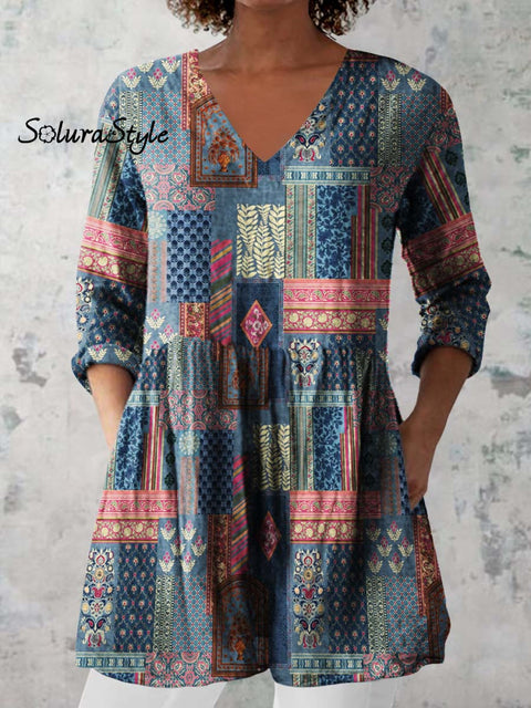 Women’s Retro Floral Art Print Casual Cotton And Linen V-neck Top Blue / S