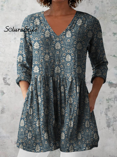 Women’s Retro Floral Art Print Casual Cotton And Linen V-neck Top Blue / S