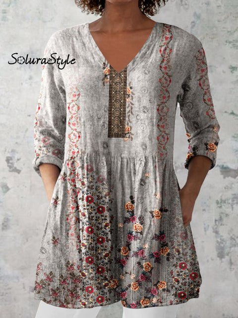 Women’s Retro Floral Art Print Casual Cotton And Linen V-neck Top Grey / S