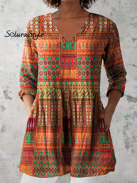 Women’s Retro Floral Art Print Casual Cotton And Linen V-neck Top Orange / S