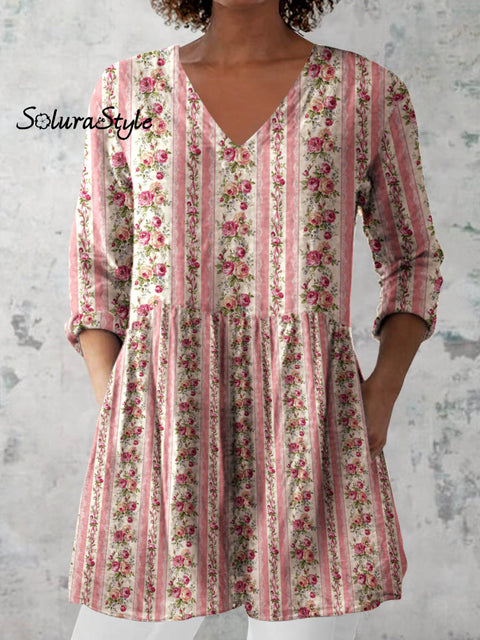 Women’s Retro Floral Art Print Casual Cotton And Linen V-neck Top Pink / S
