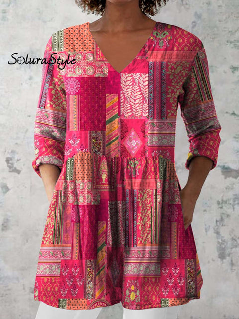 Women’s Retro Floral Art Print Casual Cotton And Linen V-neck Top Rose Red / S