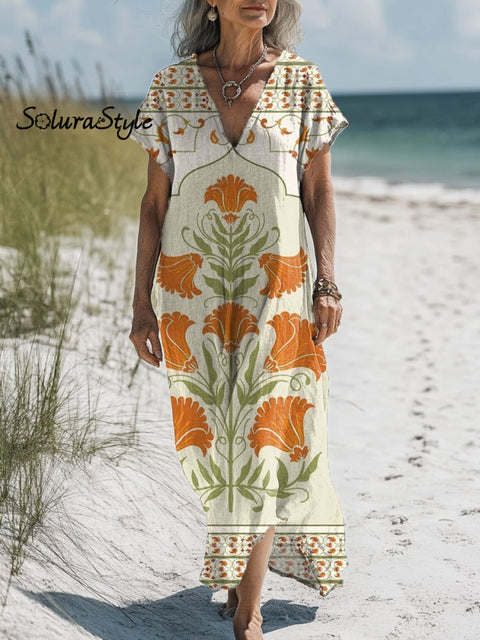 Women’s Retro Floral Art Print Pocket Cotton Dress Multicolor / S