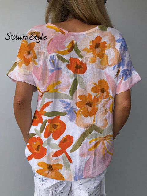 Women’s Retro Floral Casual V-Neck Cotton And Linen Top