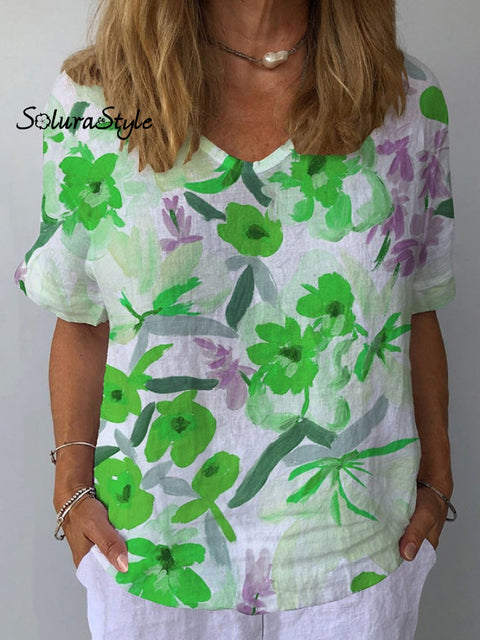 Women’s Retro Floral Casual V-Neck Cotton And Linen Top Green / S