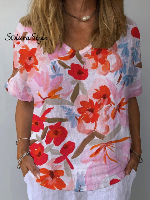 Women’s Retro Floral Casual V-Neck Cotton And Linen Top Pink / S